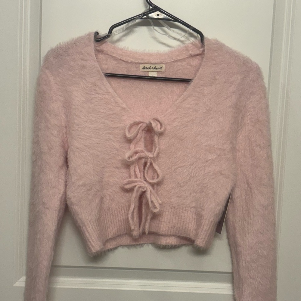 Derek Heart Pale Pink Fuzzy Tie-Front V-Neck Cropped Sweater